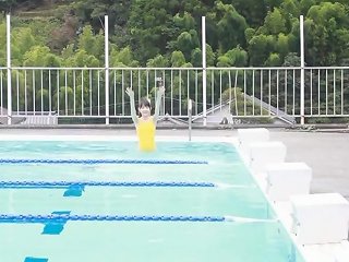 Japanese Girl Swim In Pool With Yellow Swimsuit Soft